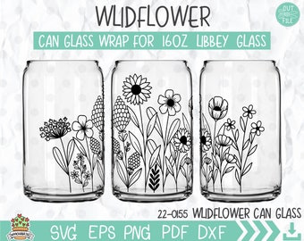 May include: A digital design for a 16 ounce can glass wrap featuring a black and white line drawing of wildflowers. The design is labelled "Wildflower Can Glass".