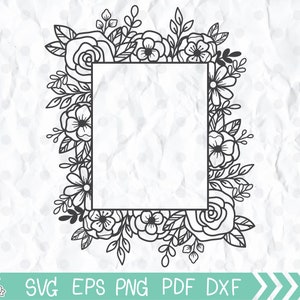 Cadre floral SVG, fichier de coupe de cadre floral, cadre de fleur rectangulaire, cadre carré, cadre de monogramme de fleur, signe de mariage, modèle de mariage floral