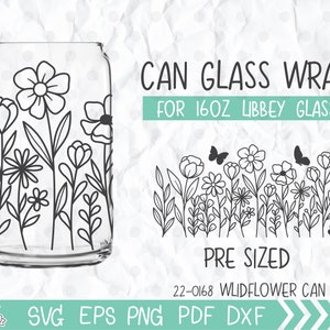 Wildflower Can Glass Wrap SVG, Wildflower print Libbey 16oz can glass svg, Floral line art Can Glass svg, Svg, Png, DXF files for Cricut