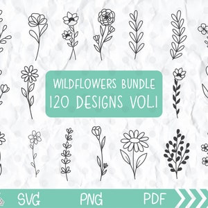 Pacote Svg de 120 flores silvestres, buquês de flores svg, pacote botânico, conjunto de elementos de folhas Coleção de folhagem de plantas de casamento Ornamento floral svg