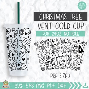 hand getrokken Doodle kerstboom Cup Wrap 24oz Venti Cold Cup geen gat, kerstboom Svg, vakantie kerstmok Svg, cadeau voor haar