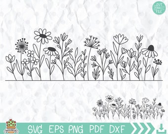 Flores silvestres prado borda svg, flores e folhas clipart, arquivos de corte flor svg.