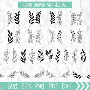 Peut inclure: Un ensemble de 30 éléments floraux dessinés à la main en noir et blanc. Les éléments sont de différents styles de branches, de feuilles et de brins.  Les éléments sont parfaits pour créer des invitations, des cartes et d'autres designs.