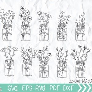Mason jar bloemen SVG bundel, bloemstuk SVG, wilde bloemen SVG, bloemen in potten SVG, botanische SVG, Mason Jar clipart, vector, EPS