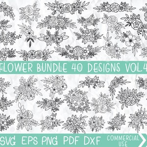 Pacote de flores desenhado à mão svg, moldura floral svg, canto de buquê de rosa svg, decoração de casamento, flores clipart floral, arquivo cricut e silhueta