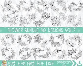 Floral SVG Bundle: Handgezeichnete Blumen Clipart, Rosenstrauß (Digitaler Download)