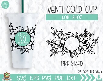 Op de afbeelding: Een zwart-wit bloemenontwerp voor een 24 ounce koude beker. Het ontwerp bevat een cirkel voor een logo. De tekst "VENTI COLD CUP FOR 24OZ" en "PRE SIZED" zijn ook in het ontwerp opgenomen.