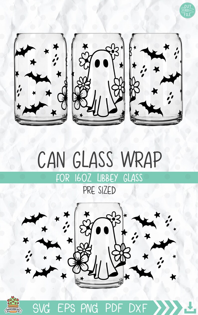 May include: A digital design for a 16 ounce can glass wrap featuring a ghost with flowers and bats. The design is pre-sized for a 16 ounce Libbey glass.