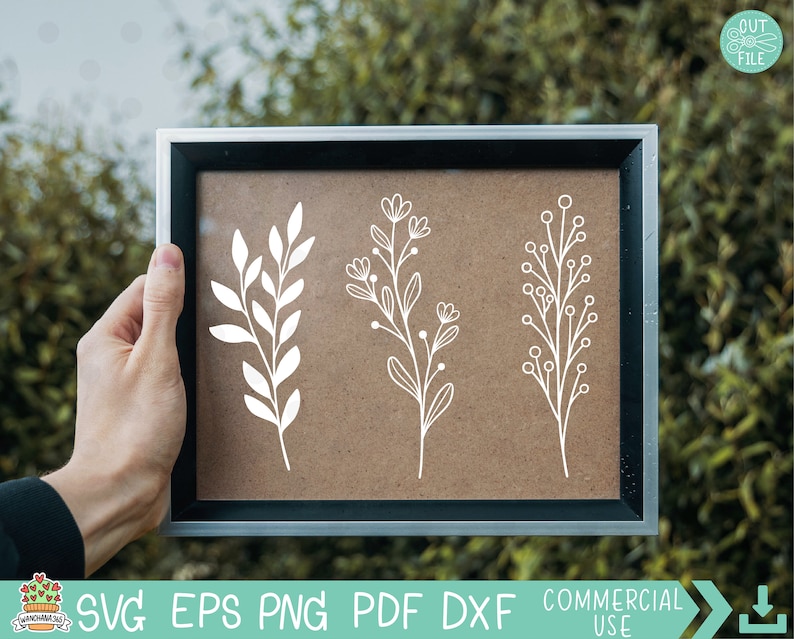May include: Three white line drawings of different floral sprigs on a brown background. The sprigs are simple and delicate, with small leaves and flowers.