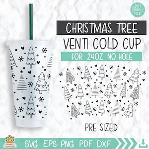 Doodle Weihnachtsbaum Tasse Wrap 24 Unzen Venti Cold Cup kein Loch, Weihnachtsbaum SVG, Urlaub Weihnachten Becher, Geschenk für sie