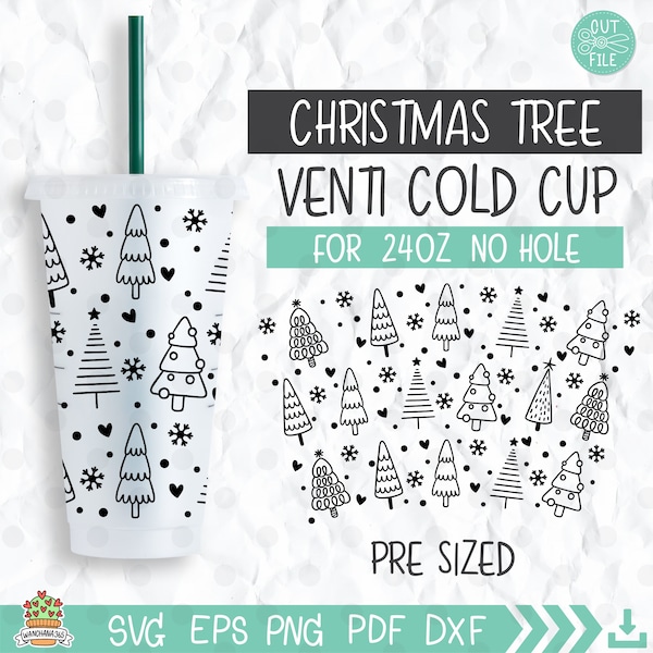Doodle Christmas Tree Cup Wrap 24oz Venti Cold Cup no hole, Christmas Tree Svg, holiday Christmas Mug Svg, gift for her