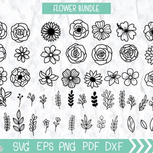 May include: A set of 36 black and white flower and leaf SVG cut files. The flowers are in various styles, including roses, daisies, and lilies. The leaves are in various shapes and sizes. The files are perfect for creating crafts, cards, and other projects.