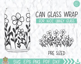 Envoltura de vidrio para lata con flores silvestres SVG: Arte floral lineal, vidrio Libbey de 16 oz (archivos digitales)