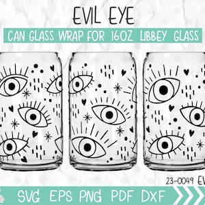 Dibujado a mano Evil Eye Glass Can Wrap, Evil eye Coffee glass svg, Eye Retro Groovy svg, Eye Boho glass can svg, 16oz Libbey plantilla de envoltura completa