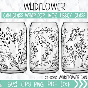 Wildflower Can Glass Wrap SVG, Wildflower print Libbey 16oz can glass svg, Floral line art Can Glass svg, Svg, Png, DXF files for Cricut