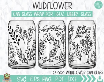 Wildflower Can Glass Wrap SVG, Wildflower print Libbey 16oz can glass svg, Floral line art Can Glass svg, Svg, Png, DXF files for Cricut