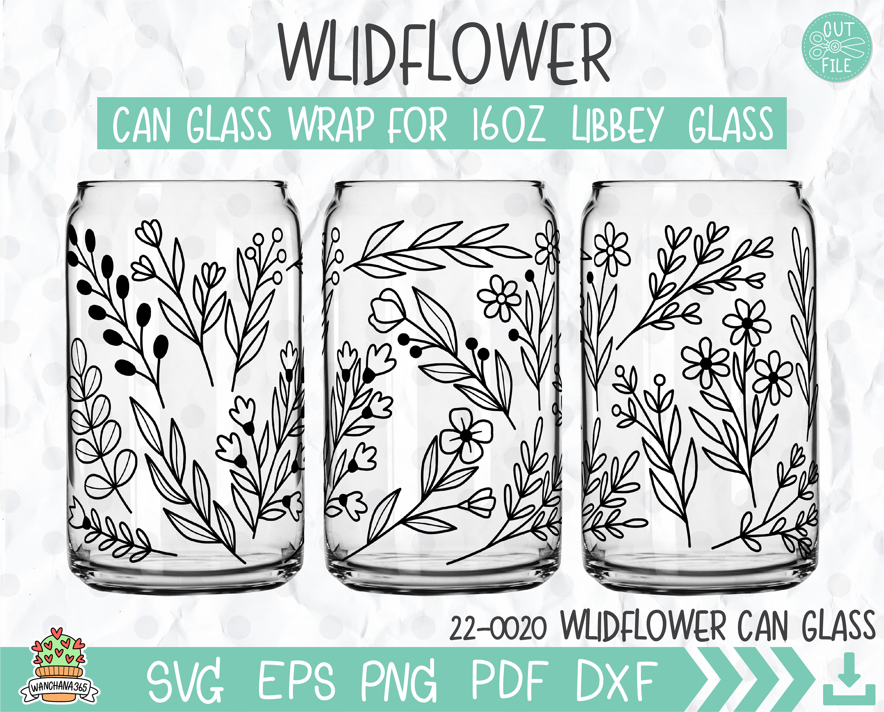 Beautiful Wildflower SVG 16oz Libbey Glass Can Wrap with Bees