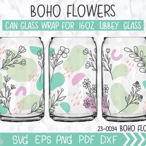 Boho Wildflower Libbey Coffee lata de vidrio 16oz, lata de vidrio de café floral boho, flores de línea estilo boho, diseño abstracto de arte de línea de flores vintage