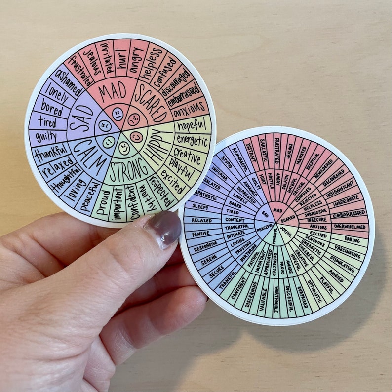 May include: Two colourful circular charts with words describing different emotions. The top chart has the words "Mad", "Scared", "Sad", "Calm", "Strong", and "Happy" in a circle. The bottom chart has the words "Mad", "Scared", "Peaceful", "Joyful", "Creative", and "Excited" in a circle.