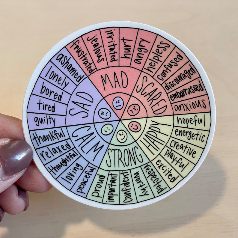 May include: A colourful wheel with different emotions and feelings written around the outside. The emotions are divided into five categories: Sad, Calm, Strong, Happy, and Mad. Each category has a corresponding smiley face.