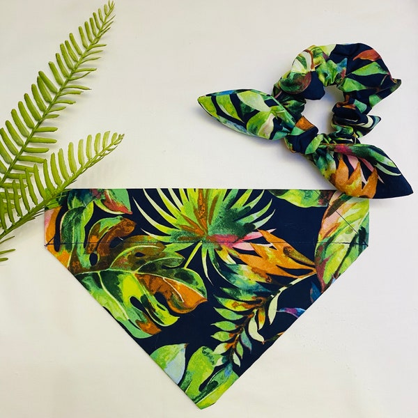 Personalizable Tropical Palms Dog Bandana and Scrunchie, Bandana and Scrunchie set, dog bandana,