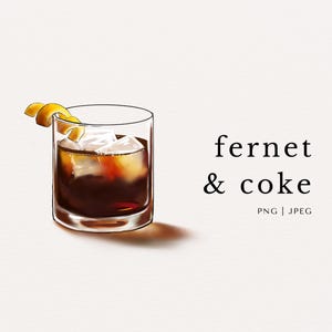 May include: Illustration of a Fernet & Coke cocktail in a rocks glass with ice and a lemon peel garnish. The words "fernet & coke" are written in black text. The image is a PNG or JPEG.