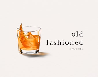 Old Fashioned Cocktail Alcoholic Drink Colored Clip Art | PNG | JPEG | Digital Download