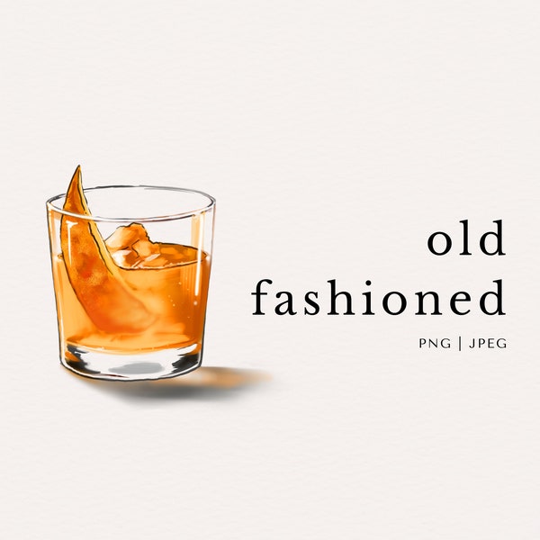 Old Fashioned Cocktail Alcoholic Drink Colored Clip Art | PNG | JPEG | Digital Download