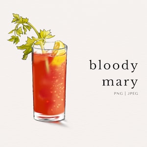 Könnte beinhalten: Eine Aquarellillustration eines Bloody Mary Cocktails in einem hohen Glas. Das Getränk ist leuchtend rot, garniert mit einer Zitronenscheibe und einem Selleriestiel. Der Text "bloody mary" ist in Schwarz geschrieben.