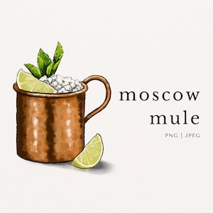 Moskou muilezelcocktail alcoholische drank gekleurde illustraties | PNG | JPEG | Digitale download