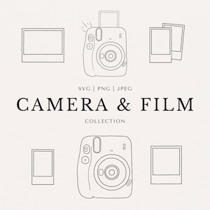 Puede incluir: Una ilustración en blanco y negro de un dibujo de línea de una cámara y una película. La cámara es un diseño simple de una cámara instantánea con una lente y un flash. La película está representada por tres marcos rectangulares simples.