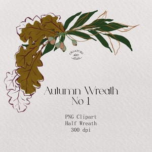 Autumn Wreath Clip Art, Fall Leaves, Greenery Border Frame, Gouache Painted Botanical Leaves, Green and Mustard Sketchy, Clipart PNG