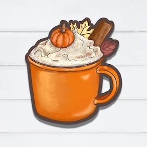 Autocollant de café aux épices à la citrouille, autocollant d’automne, autocollant d’Halloween, esthétique d’automne, autocollant de café à la cannelle, autocollant de découpe de matrice, autocollant d’ordinateur portable