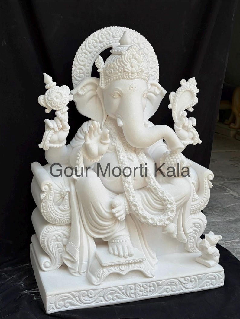 Marmeren Ganesha-beeld/ Makrana-marmer Ganesh moorti/marmeren Ganesha murti/100% echt marmeren Ganesha-beeld/groot Ganesha-marmeren standbeeld afbeelding 2