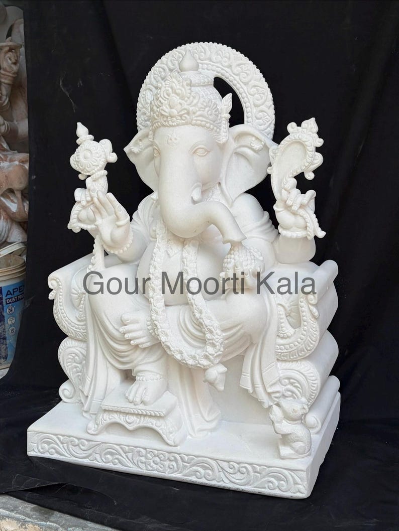 Marmeren Ganesha-beeld/ Makrana-marmer Ganesh moorti/marmeren Ganesha murti/100% echt marmeren Ganesha-beeld/groot Ganesha-marmeren standbeeld afbeelding 3
