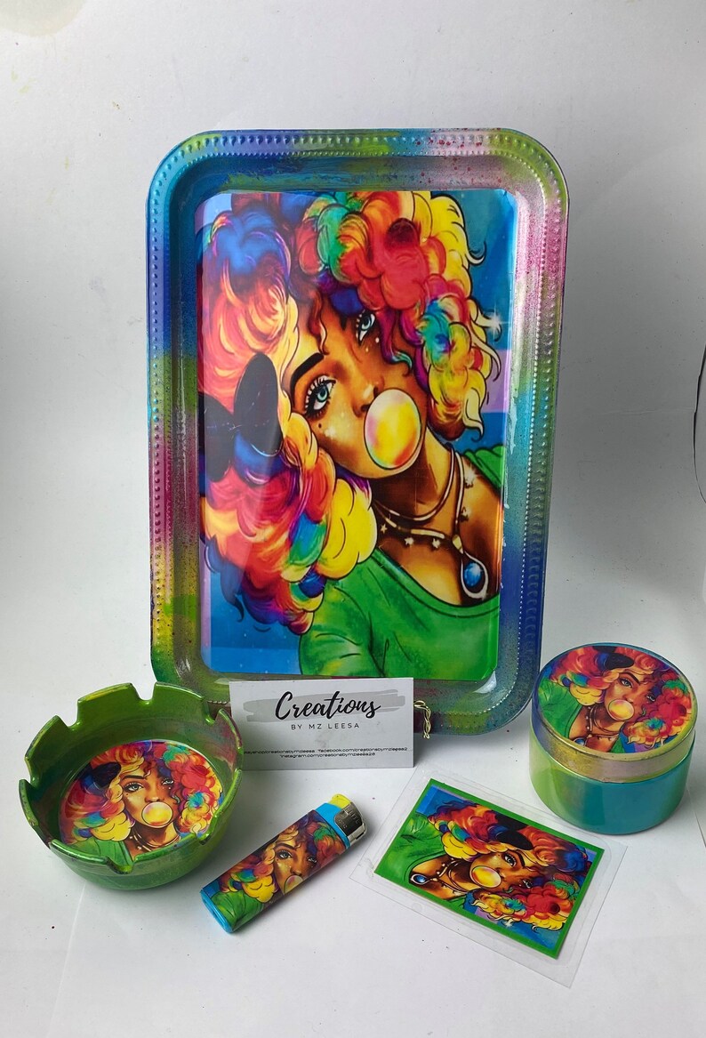 Rolling Tray Set Rollup Tray Gift Set Yellow,Blue Green Bubble Gum Girl