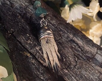 Squirrel foot, necklace, jade stones, silver chain, silver clasp