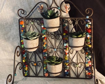 Planter, rat skull, gopher skull, wrought iron, miniature, glass beads, glass tiles