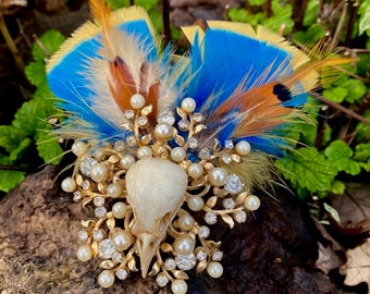 Vintage Hat Pin with Bird Skull, Feathers, Pearls, and Diamonds