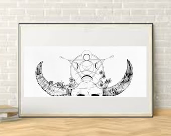 Animal art print 12.8x30.3, "Awaiting Water", sacred geometric design, graphite, charcoal, ink, Buffalo skull, flowers, signed and numbered.