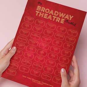 Peut inclure: Une liste de contrôle rouge avec une bordure dorée et le texte "My Broadway Theatre Checklist". La liste de contrôle comprend une liste de théâtres de Broadway avec des cases à cocher à côté de chacun.