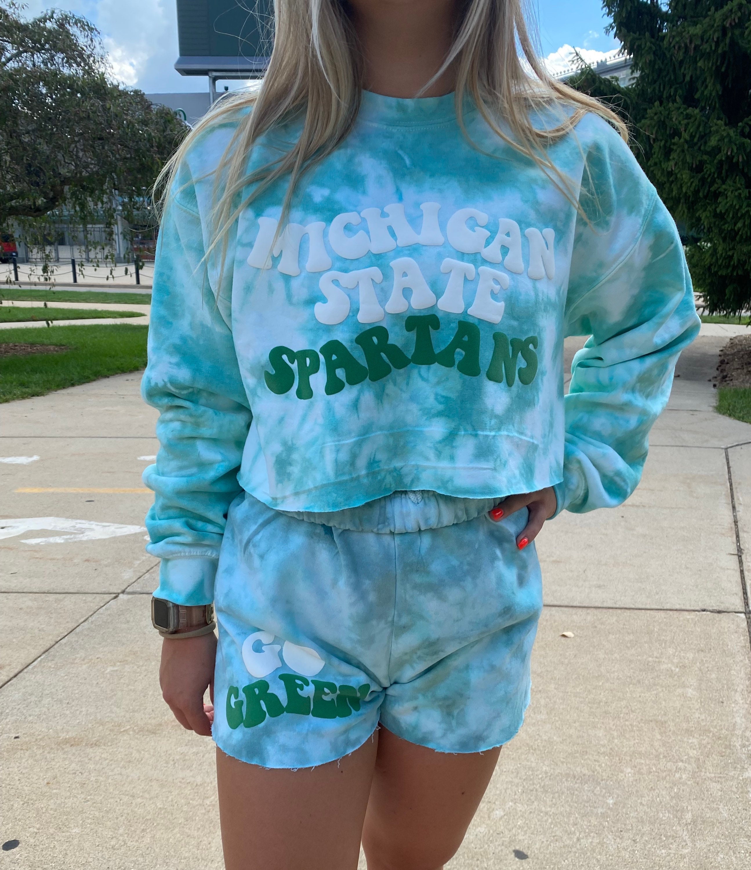 Custom College Tie Dye Set/ College Sweatshirt \u0026 Shorts Set / 3D Bubble  Text on College Sweatshirt / Cropped College Sweatshirt - Etsy