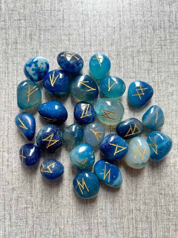 Blue Onyx Rune Stones, Engraved Crystal Runes Set (25 Piece)