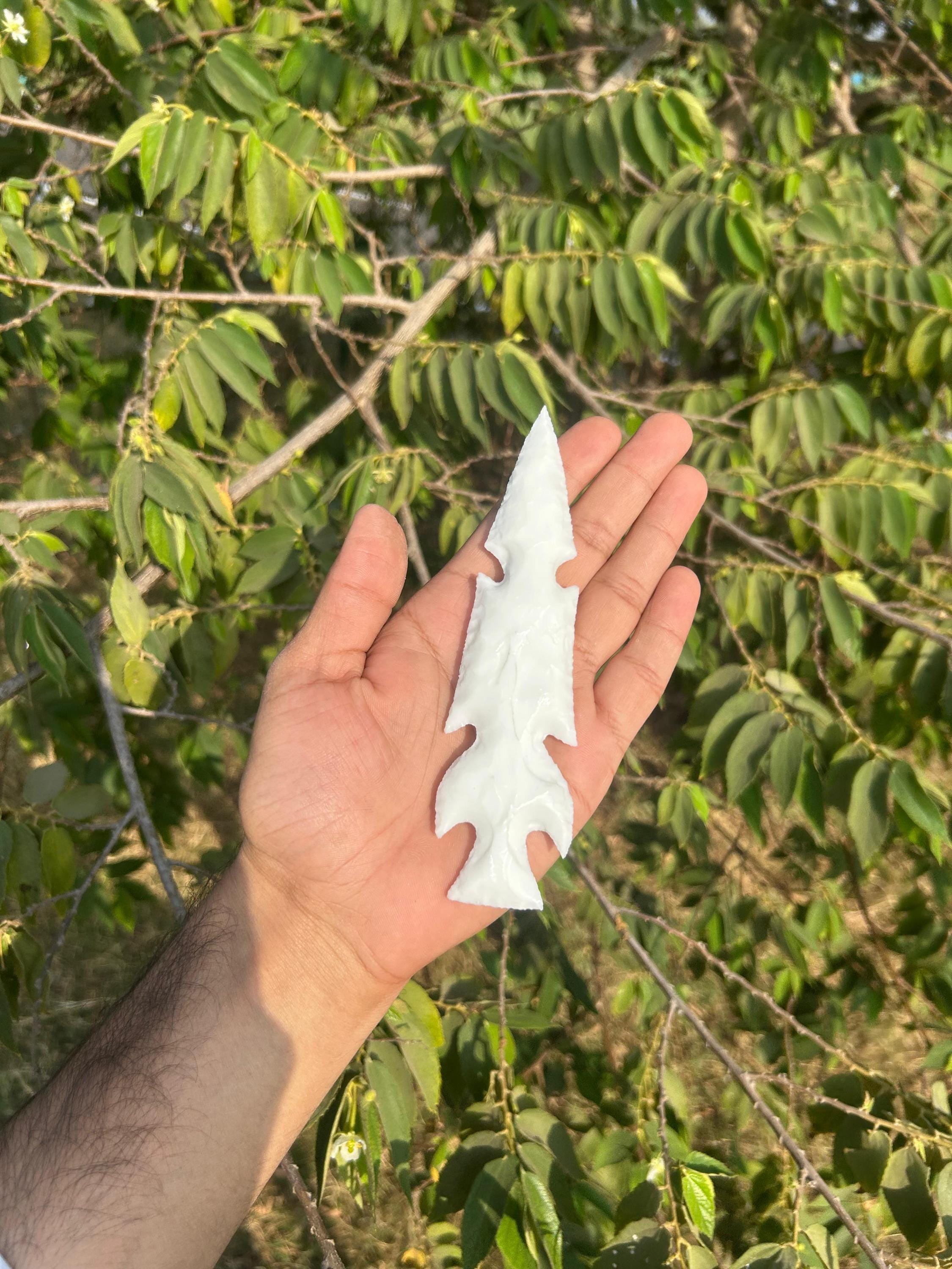 White Jade Glass Arrowhead: Handmade Metaphysical Crescent Arrowhead (5.5-6")