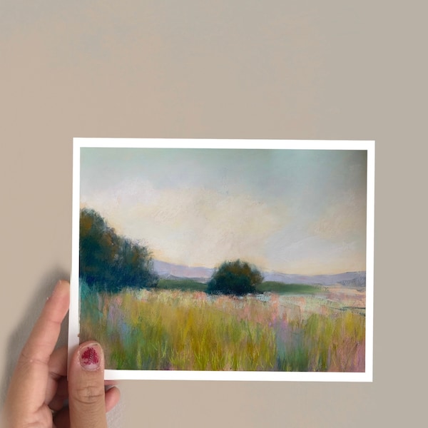 Giclee print of original impressionist meadow countryside landscape painting, mini landscape wall art decor, mini wall art print