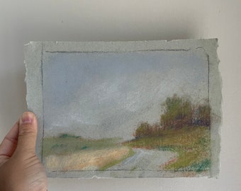 Original 5” x 7” pastel landscape painting on grey toned paper with deckled edge, impressionist countryside landscape sketch