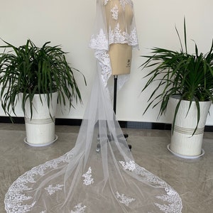 May include: A white bridal veil with a lace trim and a matching lace cape. The veil is long and flowing, with a scalloped edge.