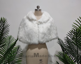 Chal de piel sintética color marfil blanco, bolero de invierno para boda, chal de piel sintética, bonito abrigo de novia, chaqueta de fiesta, chal de dama de honor