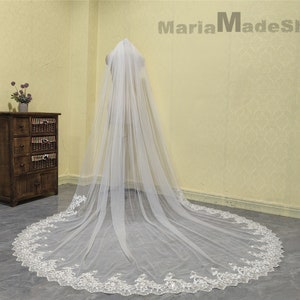 Gorgeous Cathedral Wedding Sequin Lace Veil, White Ivory Sequin Lace Veil, Beautiful Bride One Layer Sequin Lace Veil