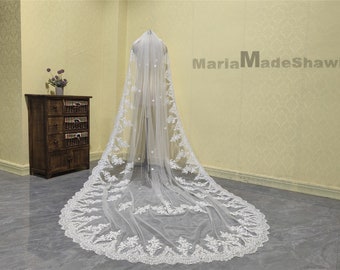 Vintage Cathedral Lace Appliqué Bridal Veil White or Ivory Wedding Veils Stylish One Layer Lace Veil